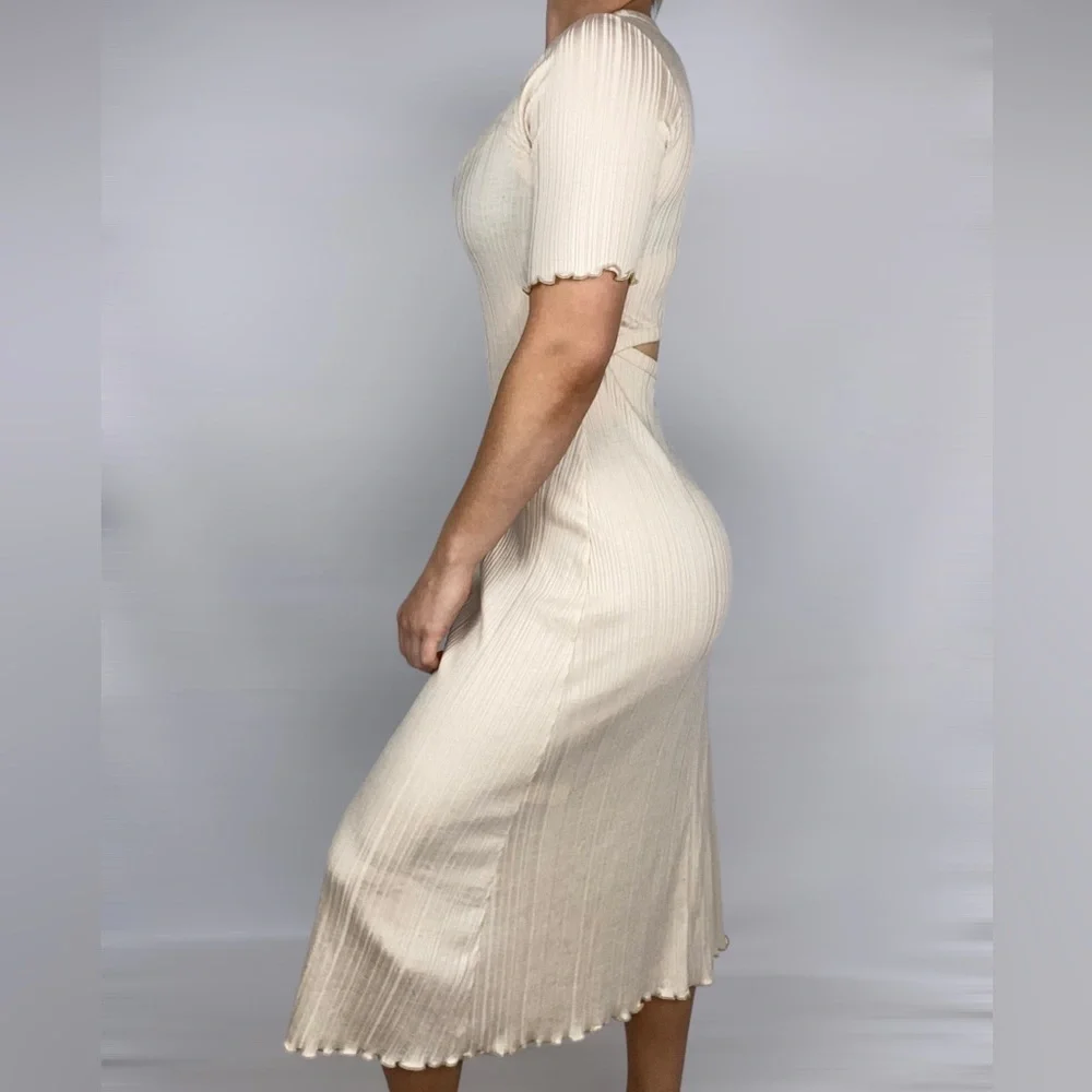 EVERLANE‎ The Open Back Rib Maxi Short Sleeve Dress Cream Ruffle Crew Neck - Picture 2 of 5